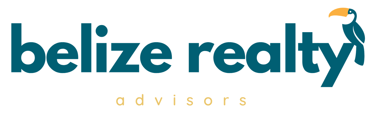 Belize Realty Advisors logo: teal wordmark with an orange-beaked toucan perched on the right side of the text